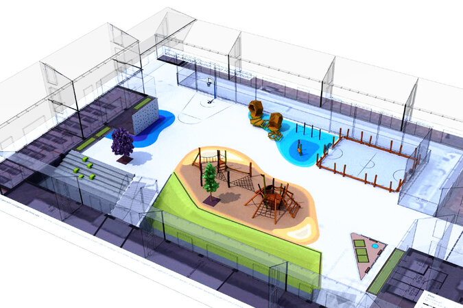 Spielplatz-Architektur mit eibe – eibe Spielanlage, integriert in eine Sportanlage. 