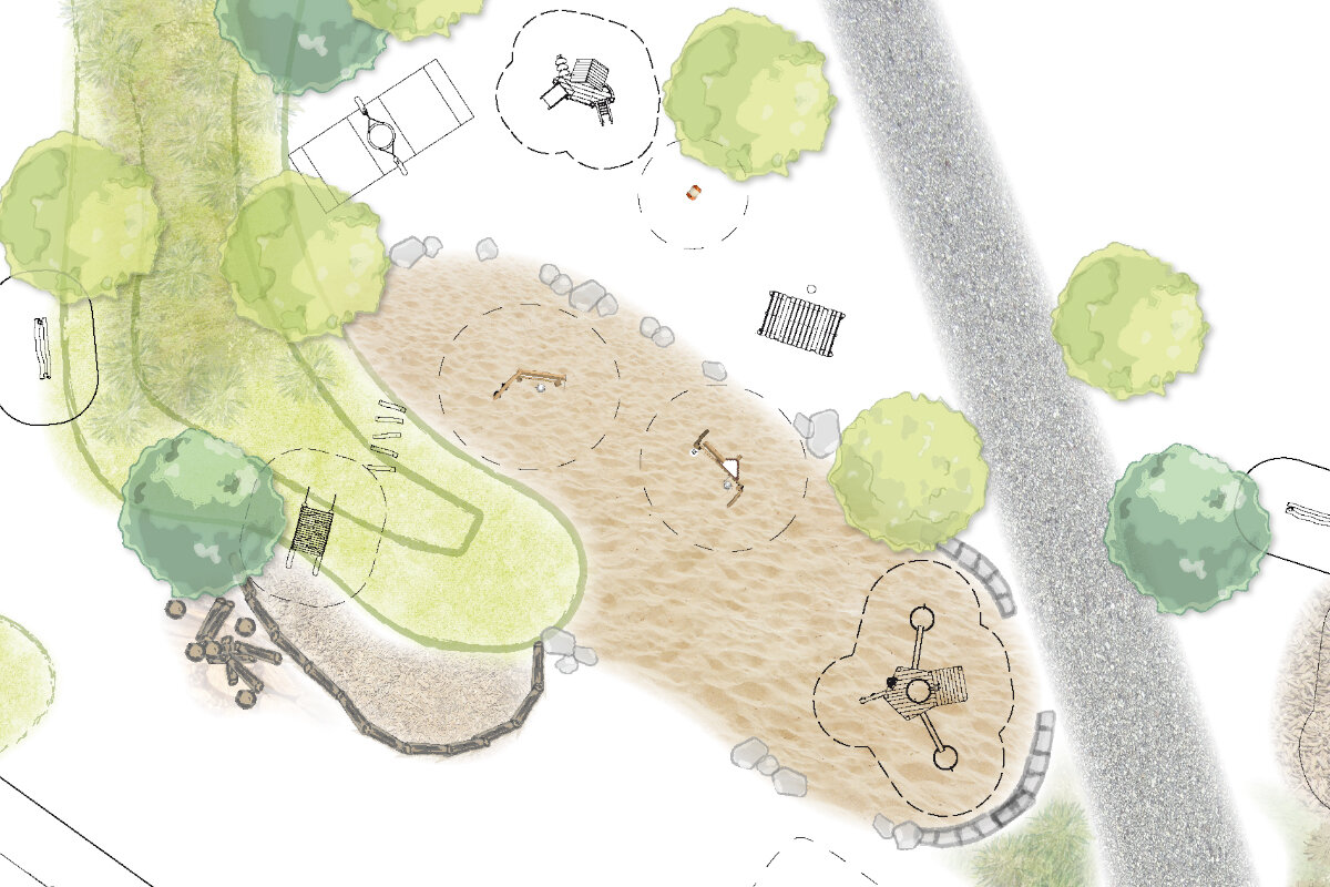 Spielplatz-Architektur mit eibe – Planungsskizze für eibe Spielanlage.